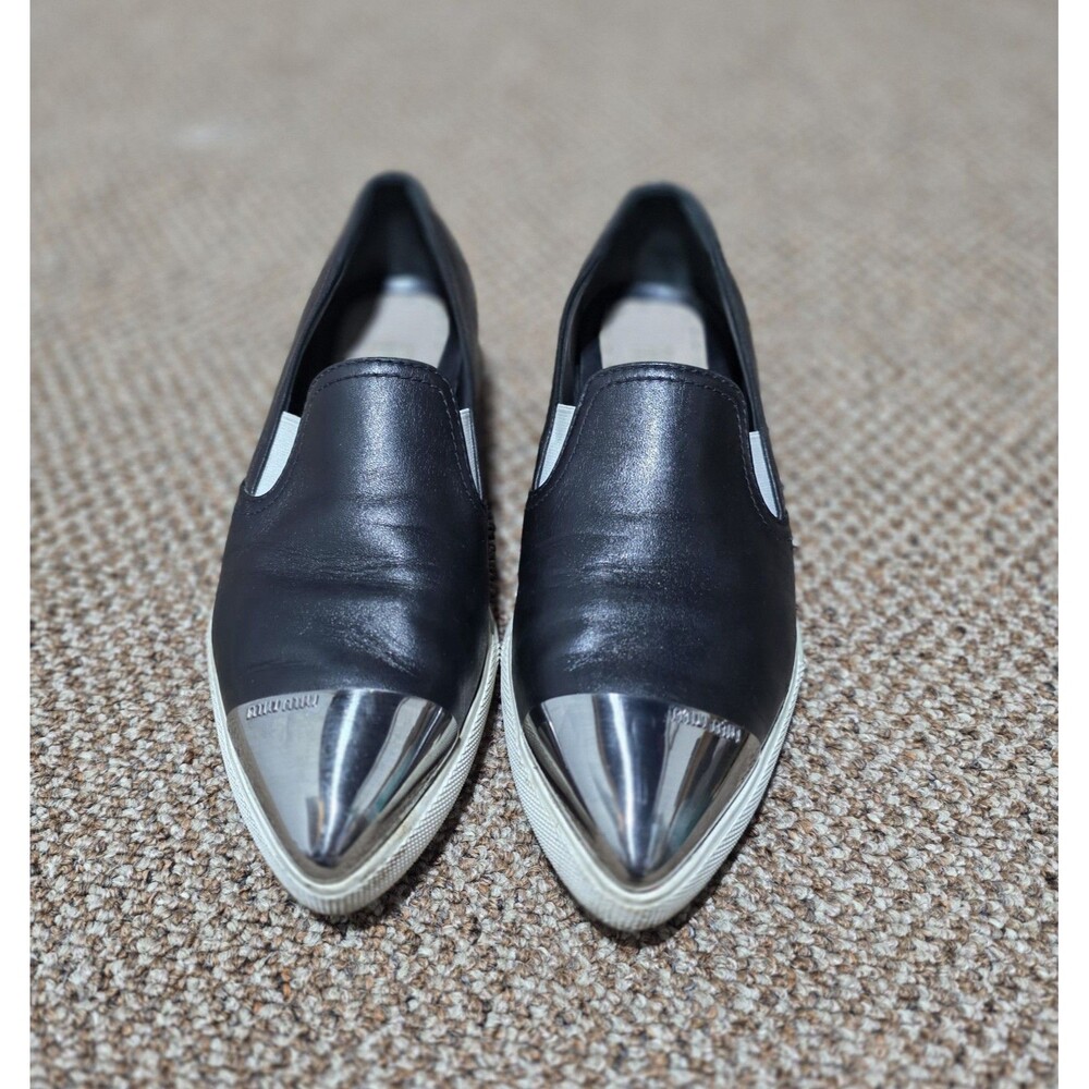 Miu Miu Loafers Women's 36.5 Black Leather Silver Toe Cap Slip On Luxury Shoes